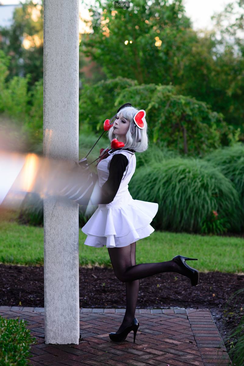 1girl, attraction-m_(lolo), cosplay, hearts, high_heels, magical_girl, magical_girl_apocalypse, mahou_shoujo_of_the_end, photo, short_hair, skirt, solo, thigh-highs, wig