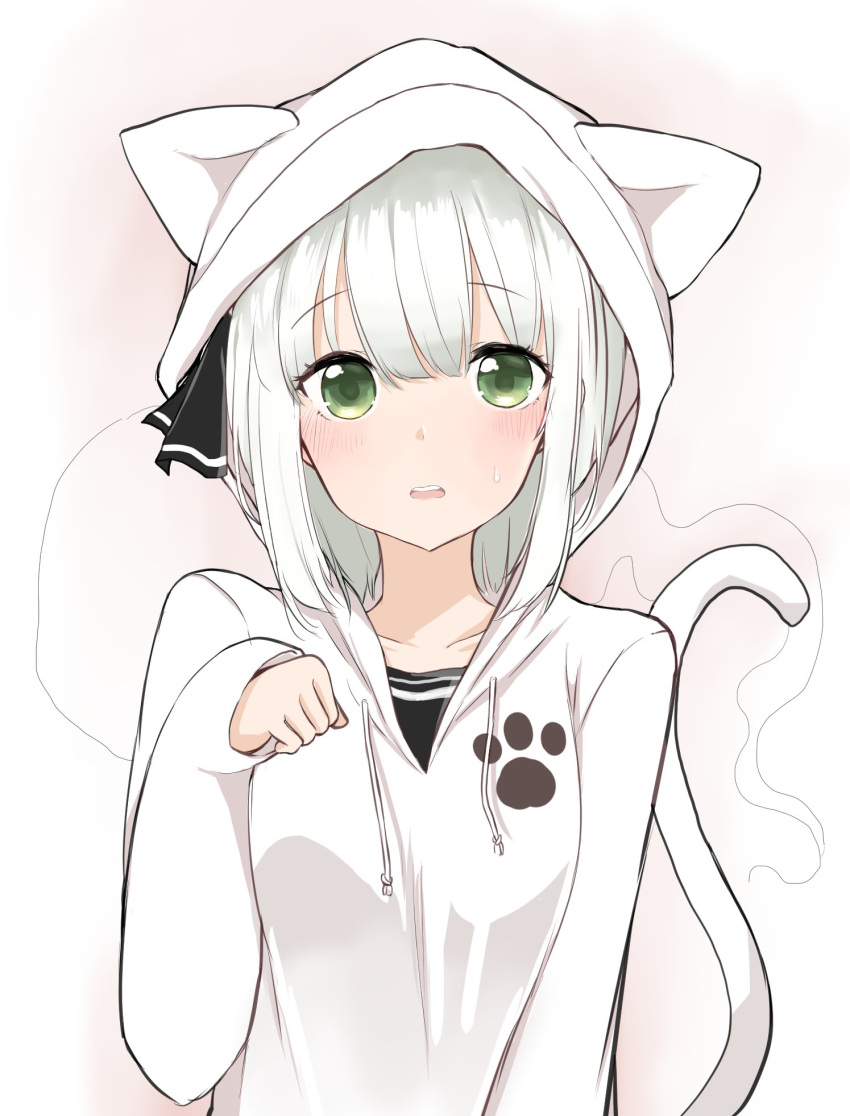 1girl, animal_hood, bangs, black_ribbon, blush, cat_hood, cat_tail, collarbone