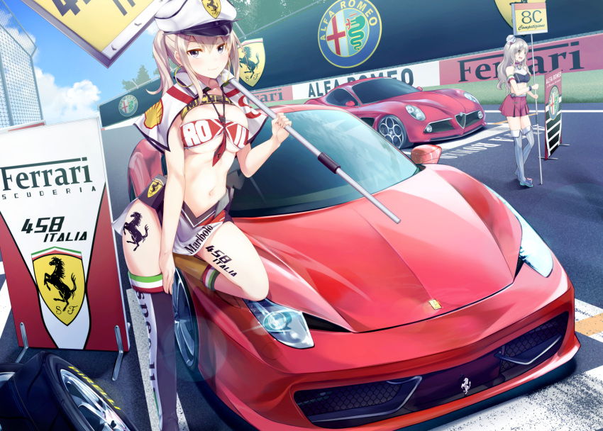 2girls, ad, adapted_costume, alfa_romeo, alternate_costume, armband, bandeau, bangs