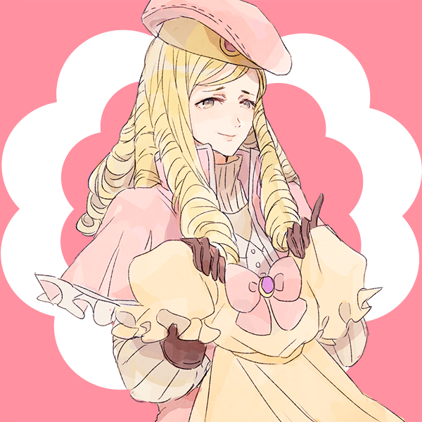 1boy, beret, blonde_hair, bow, brown_eyes, crossdressinging, dress, drill_hair