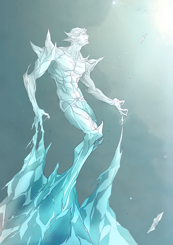 1boy, abs, blue_eyes, blue_hair, blue_skin, gradient, gradient_background, ice