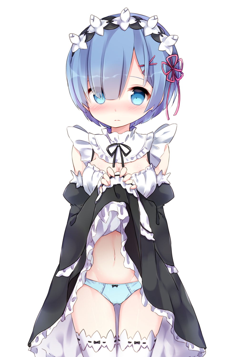 1girl, blue_eyes, blue_hair, blue_panties, blush, breasts, cleavage, detached_sleeves