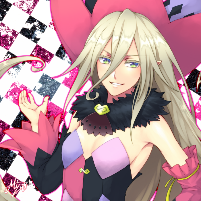 1girl, armpits, blonde_hair, blue_eyes, checkered, checkered_background, detached_sleeves, green_eyes