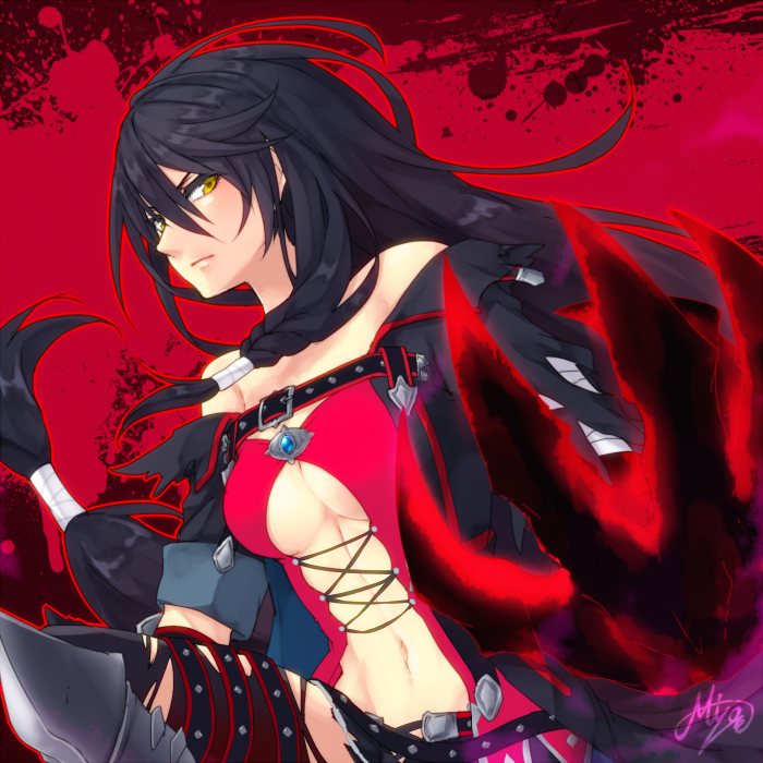 1girl, black_hair, braid, breasts, claws, cleavage, cowboy_shot, expressionless