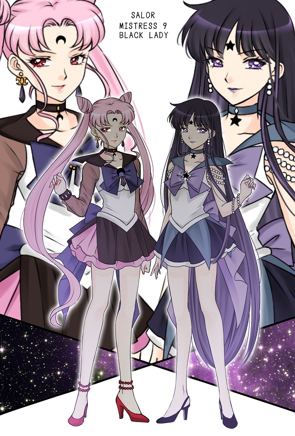 2girls, adapted_costume, bishoujo_senshi_sailor_moon, black_hair, black_lady, bow, character_name, chibi_usa