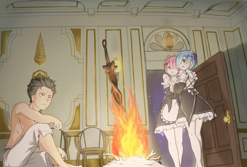 1boy, 2girls, bare_chest, black_hair, blue_eyes, blue_hair, bone, bonfire