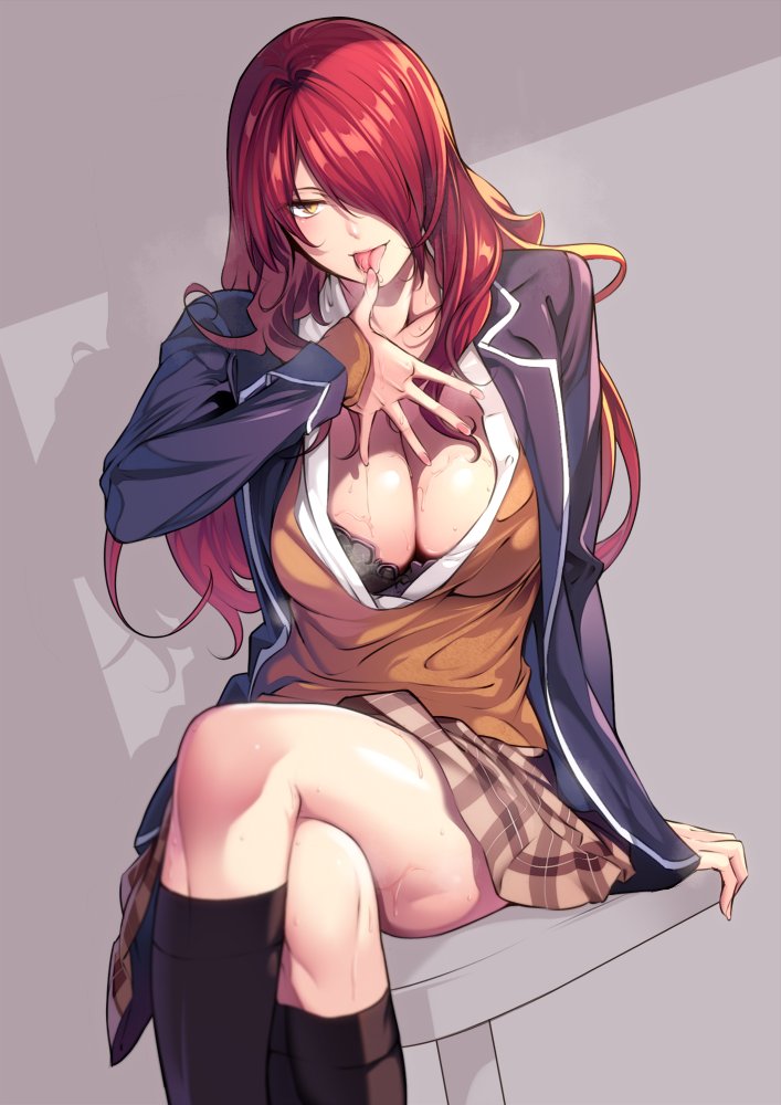 1girl, black_bra, black_legwear, blush, bra, breasts, cleavage, collarbone