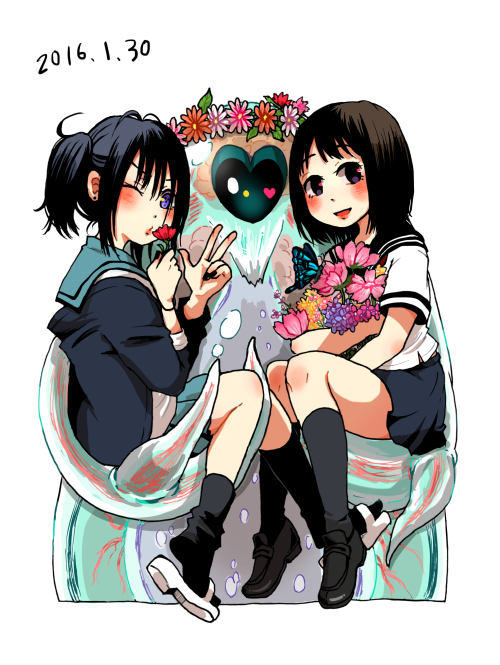 2girls, black_hair, blue_skirt, chimera_(coppelion), coppelion, countdown, dated, flower
