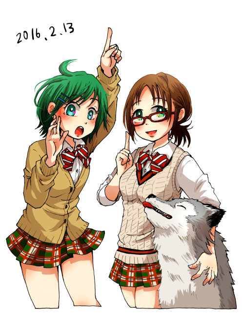 2girls, blue_eyes, bow, bowtie, brown_hair, cardigan, coppelion, countdown