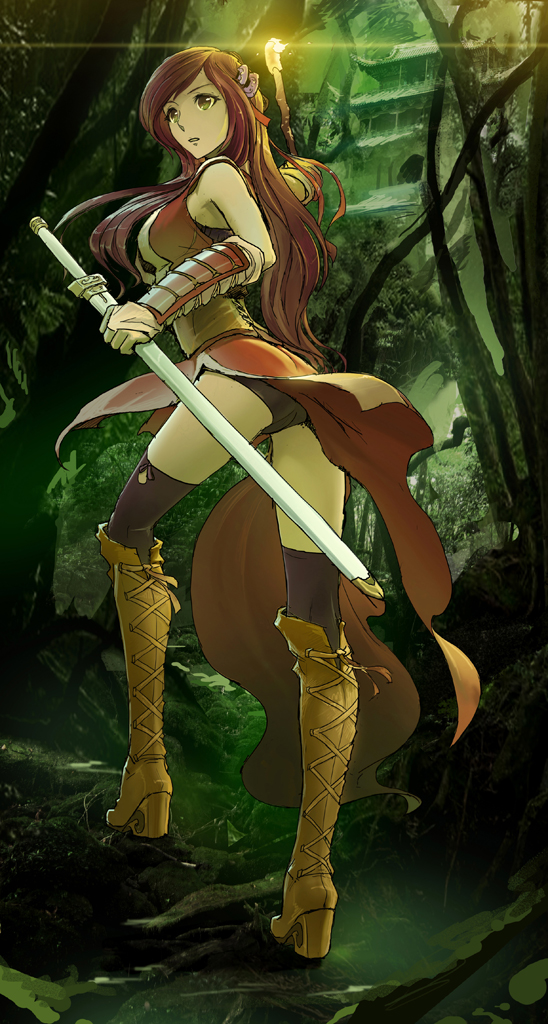 1girl, architecture, boots, brown_hair, corset, cross-laced_footwear, east_asian_architecture, green_eyes, high_heel_boots, high_heels, looking_back, sannamaman, sheath, sheathed, solo, thigh-highs, torch, vambraces, weapon
