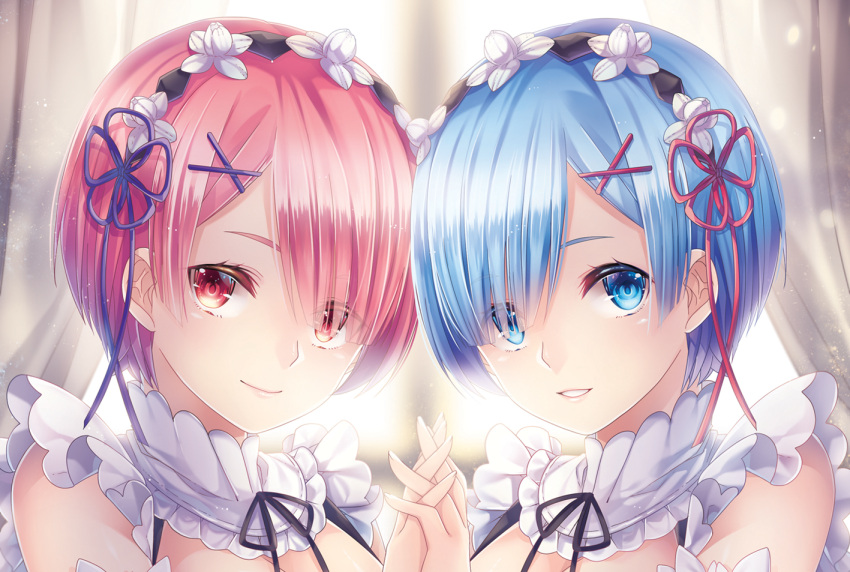 2girls, blue_eyes, blue_hair, hair_ornament, hair_over_one_eye, hair_ribbon, hand_holding, interlocked_fingers