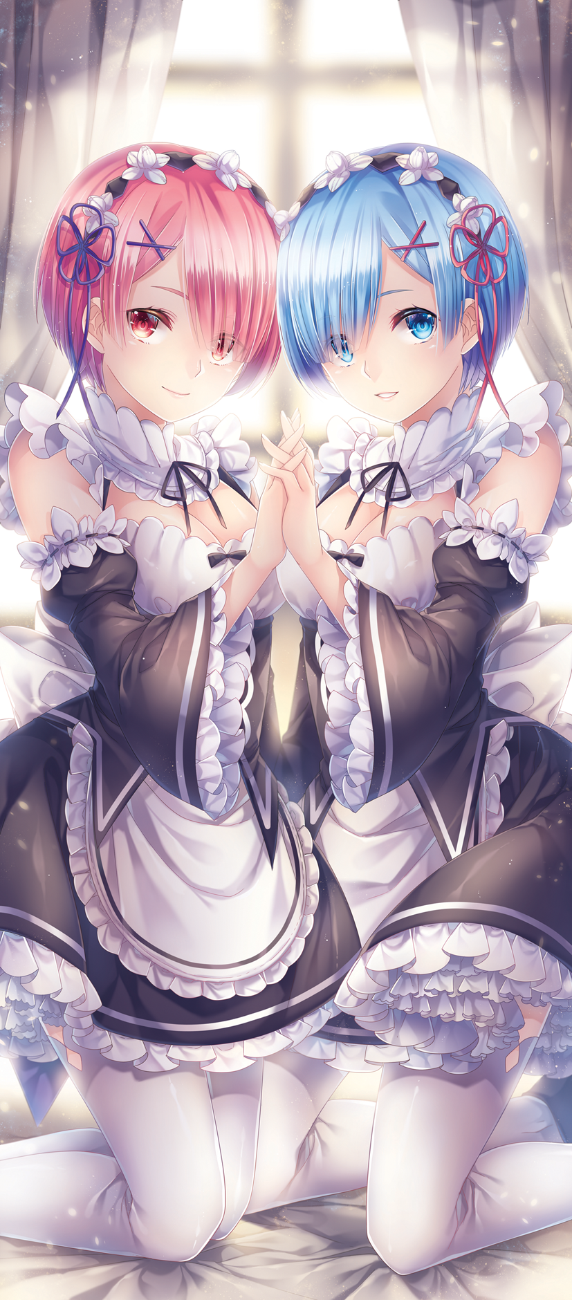 2girls, blue_eyes, blue_hair, breasts, cleavage, colored_eyelashes, detached_sleeves, hair_ornament, hair_over_one_eye, hair_ribbon, hand_holding, highres, interlocked_fingers, kneeling, looking_at_viewer, maid, maid_headdress, multiple_girls, pink_eyes, pink_hair, purple_ribbon, ram_(re:zero), re:zero_kara_hajimeru_isekai_seikatsu, red_eyes, red_ribbon, rem_(re:zero), ribbon, short_hair, siblings, sisters, sliverbin, smile, teeth, thigh-highs, twins, white_legwear, wide_sleeves, x_hair_ornament