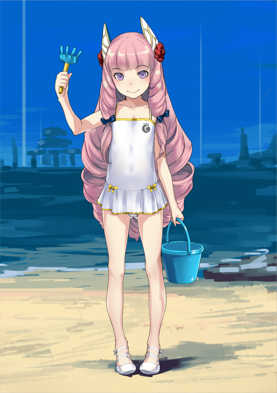 1girl, :>, aurora_(pso2), beach, black_bow, blush, bow, bucket