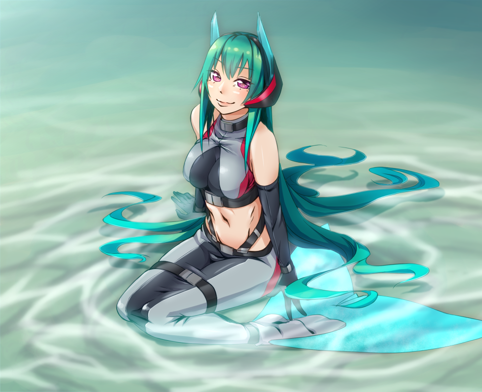 1girl, bare_shoulders, black_gloves, borrowed_character, breasts, elbow_gloves, gloves, green_hair
