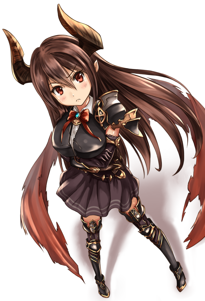 >:(, 1girl, bangs, black_legwear, black_skirt, blush, breastplate, breasts, brown_hair, crack, crossed_arms, doraf, forte_(shingeki_no_bahamut), frown, full_body, gamyuu_(gamyu), granblue_fantasy, hair_between_eyes, horns, large_breasts, long_hair, looking_at_viewer, miniskirt, pointy_ears, red_eyes, shingeki_no_bahamut, simple_background, skirt, solo, standing, thigh-highs, white_background, zettai_ryouiki