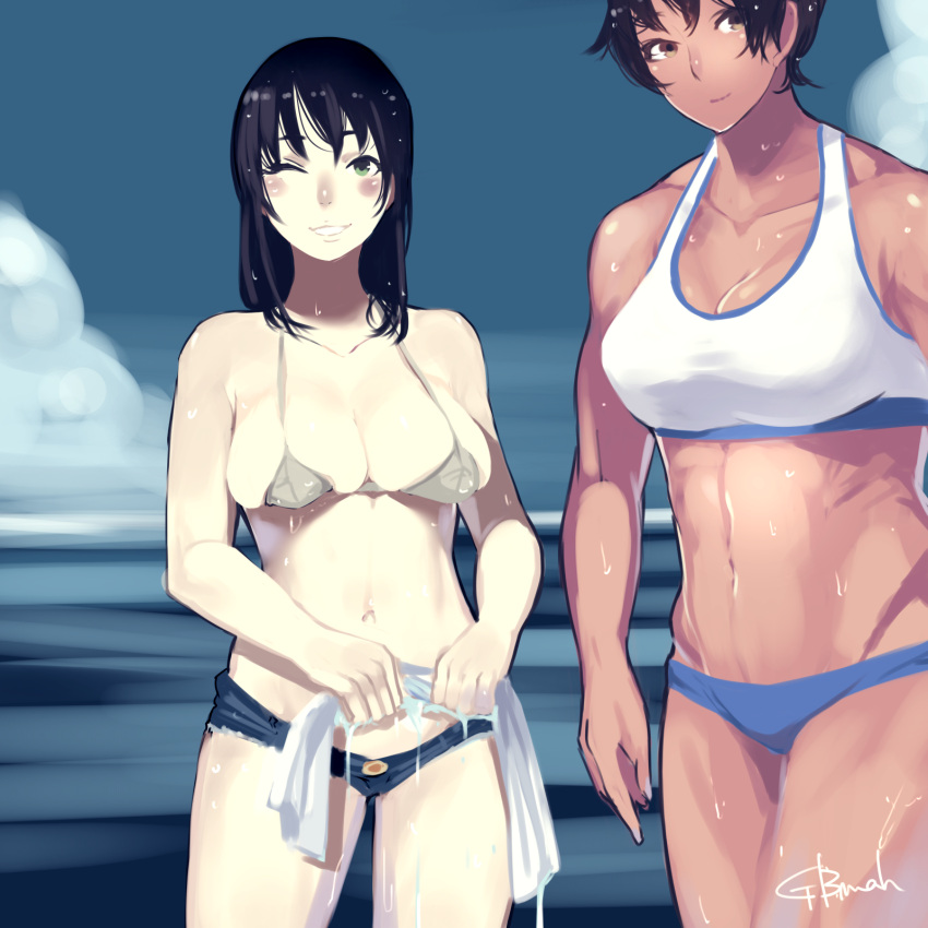 2girls, ;d, bikini, black_hair, blush, breasts, brown_eyes, cleavage