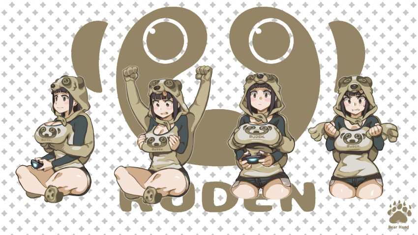 1girl, absurdres, animal_hood, arms_up, artist_name, bangs, bare_legs, black_hair