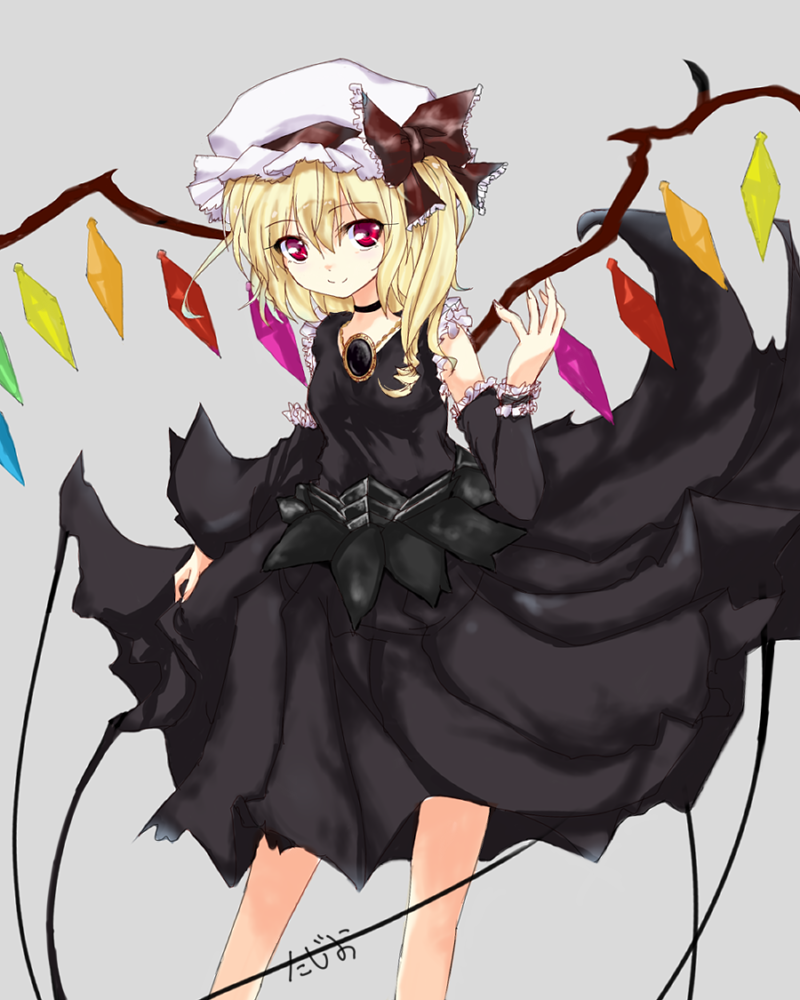 1girl, alternate_costume, blonde_hair, bow, fastbond, flandre_scarlet, hat, hat_bow