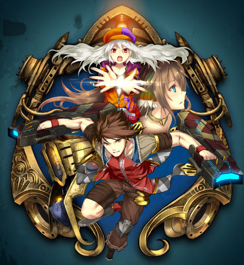 1boy, 2girls, absurdres, ar_nosurge, blue_eyes, brown_eyes, brown_hair, brown_pants