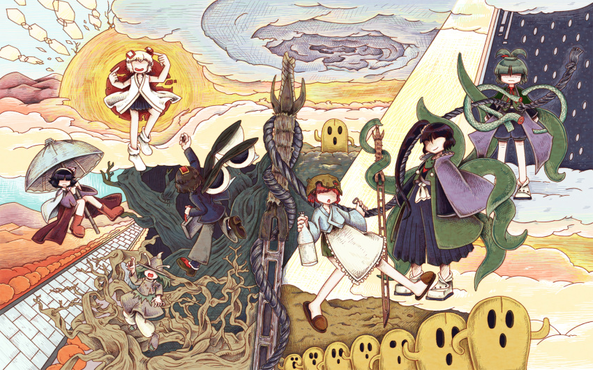 adagumo_no_saragimaru, adagumo_no_yaorochi, amanomiya_jun, amanomori_shou, androgynous, antennae, apron, black_hair