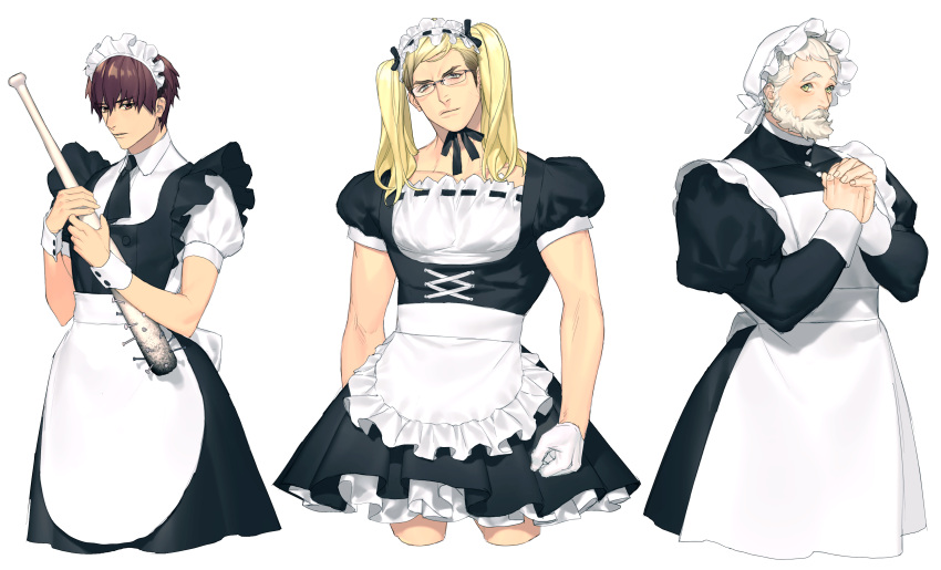 3boys, absurdres, apron, bangs, baseball_bat, beard, black_dress, black_ribbon