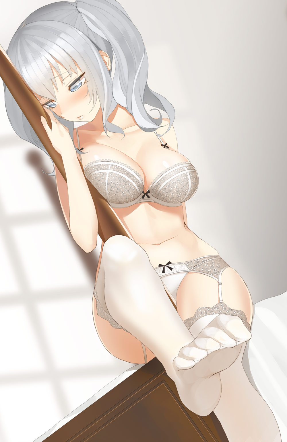 1girl, bangs, bed, bedroom, blurry, blush, bow, bow_bra