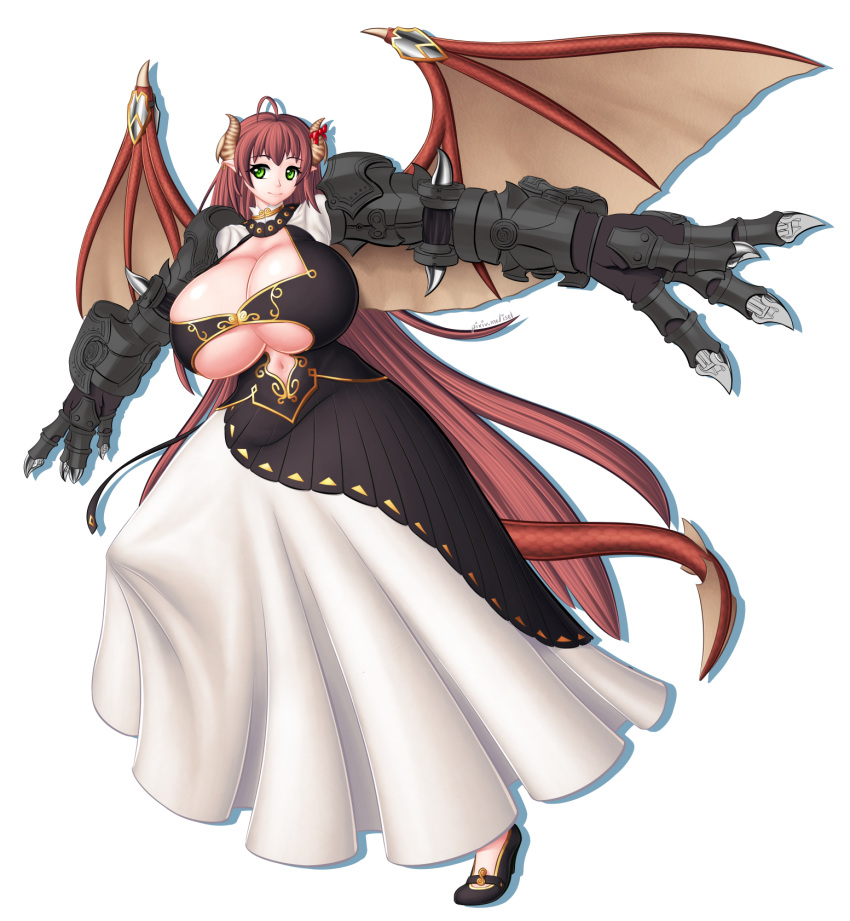 1girl, armor, breasts, brown_hair, cleavage, dragon_girl, full_body, gigantic_breasts