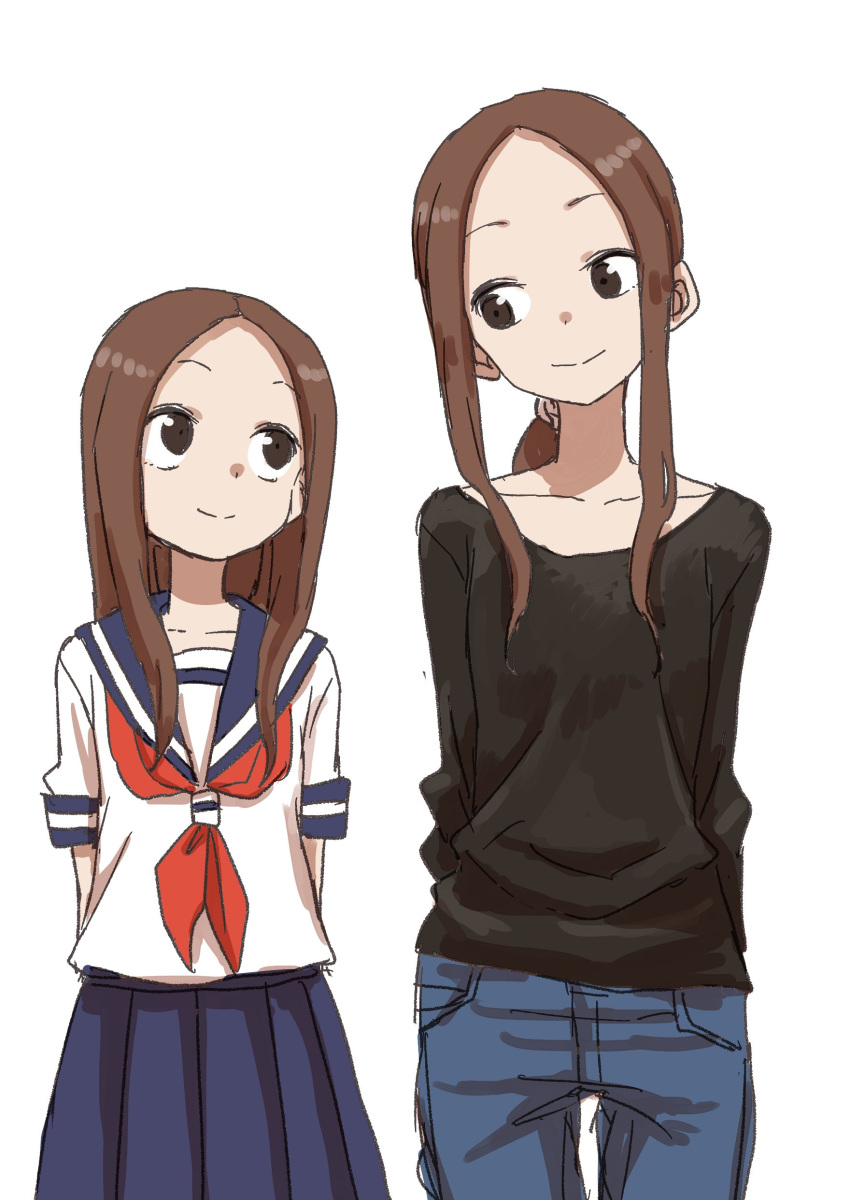 2girls, absurdres, age_comparison, age_difference, alternate_hairstyle, alternate_height, arms_behind_back, black_shirt