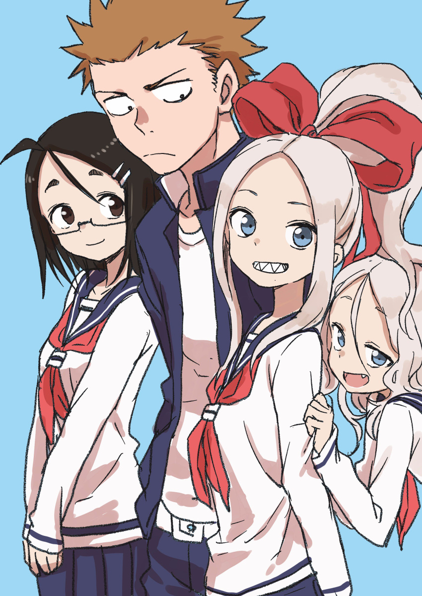 1boy, 3girls, absurdres, alternate_costume, blue_eyes, brown_eyes, brown_hair, character_request