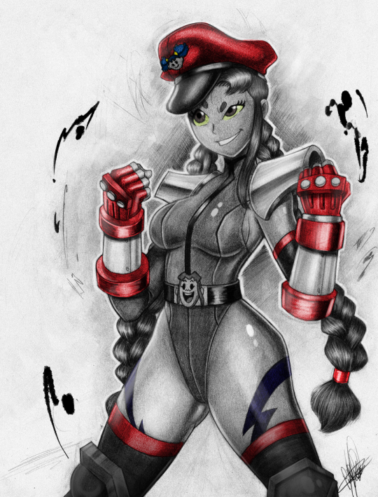 1girl, breasts, cammy_white, cartoon_network, cosplay, dc_comics, female, gradient, gradient_background, green_eyes, m_bison_(cosplay), monochrome, solo, spot_color, starfire, street_fighter, teen_titans, todd_l._milhouse