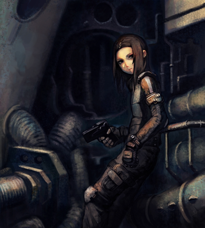biomega, brown_hair, gun, nishu_mizunoe, sewer, sewers, sugimoto_gang, weapon