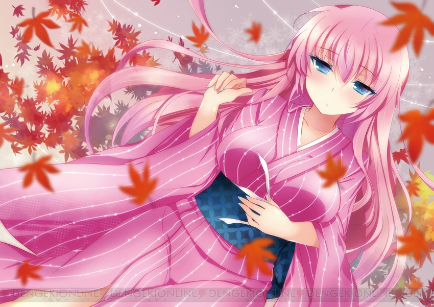 1girl, akahitoha_(vocaloid), autumn_leaves, blue_eyes, blue_nails, blurry, checkered, closed_mouth
