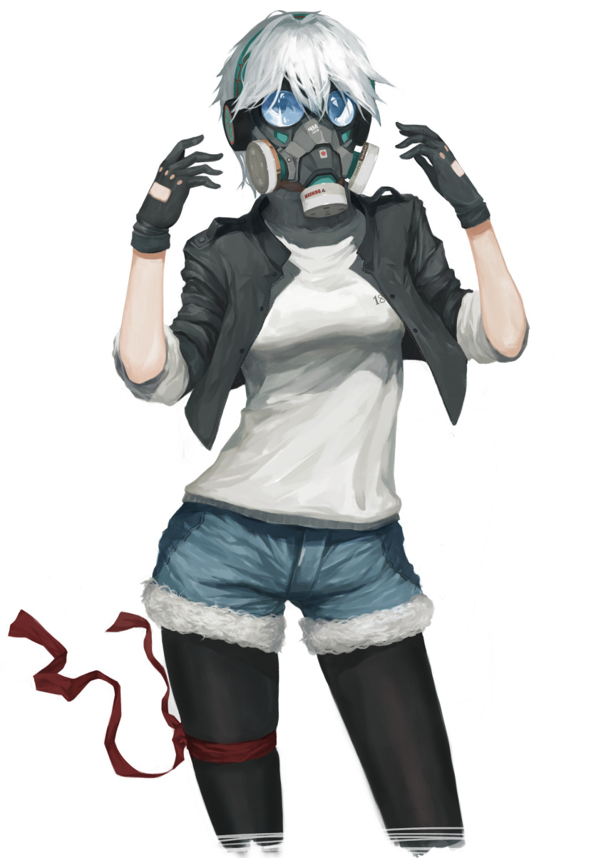 1girl, absurdres, black_gloves, black_jacket, contrapposto, cowboy_shot, cropped_jacket, denim, denim_shorts, fur_trim, gas_mask, gloves, green_eyes, headset, highres, jacket, mask, open_clothes, open_jacket, pantyhose, pantyhose_under_shorts, red_ribbon, ribbon, shirt, short_hair, short_shorts, shorts, simple_background, sleeves_folded_up, solo, thigh_ribbon, thigh_strap, tony_sun, vocaloid, vocanese, white_background, white_hair, white_shirt, yanhe