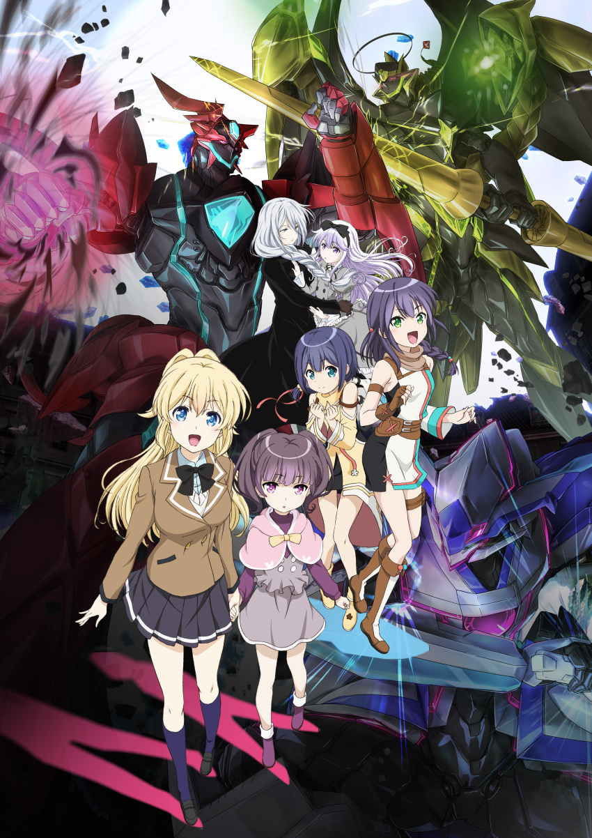 6+girls, absurdres, alecto, alecto_(regalia), asymmetrical_gloves, black_bow, black_hair, black_legwear