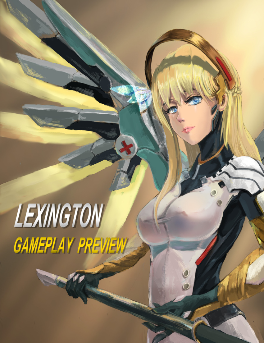 1girl, blonde_hair, blue_eyes, bodysuit, breasts, cosplay, erect_nipples, eyelashes, hair_down, highres, iowa_(iowa_in_rest), lexington_(zhan_jian_shao_nyu), lips, long_hair, looking_at_viewer, mechanical_halo, mercy_(overwatch), mercy_(overwatch)_(cosplay), nose, overwatch, solo, staff, taut_clothes, zhan_jian_shao_nyu