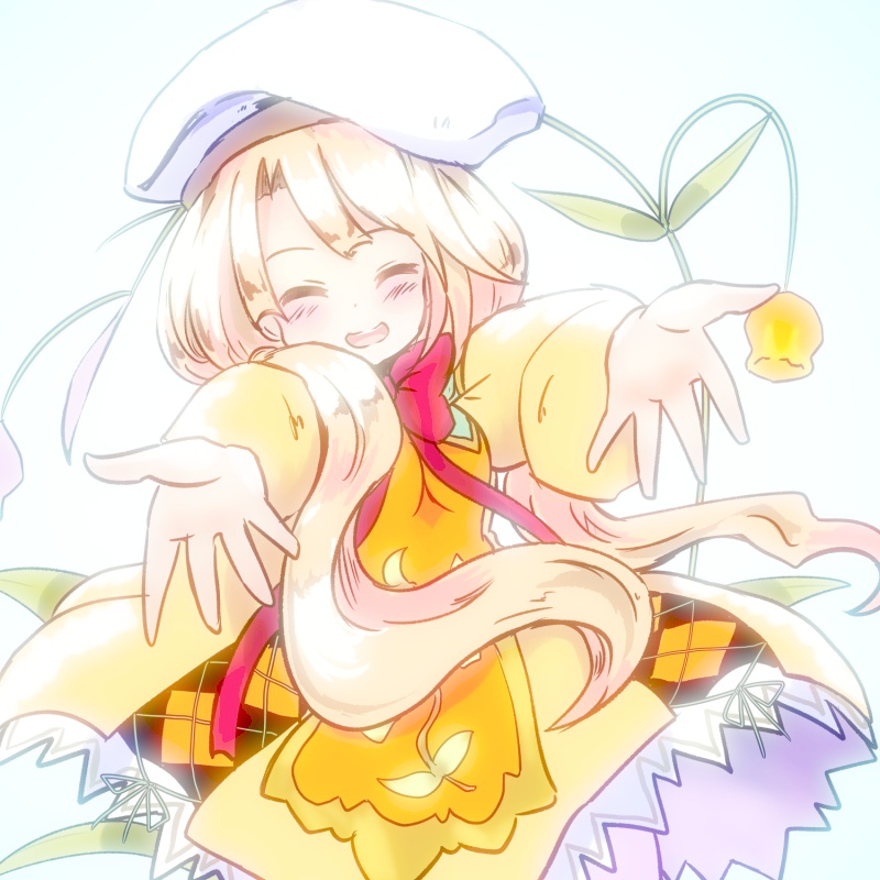 1girl, blonde_hair, bow, closed_eyes, facing_viewer, flower, flower_knight_girl, hat