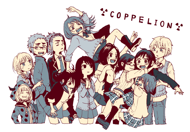 3boys, 6+girls, boots, bow, bowtie, braid, carrying, coppelion