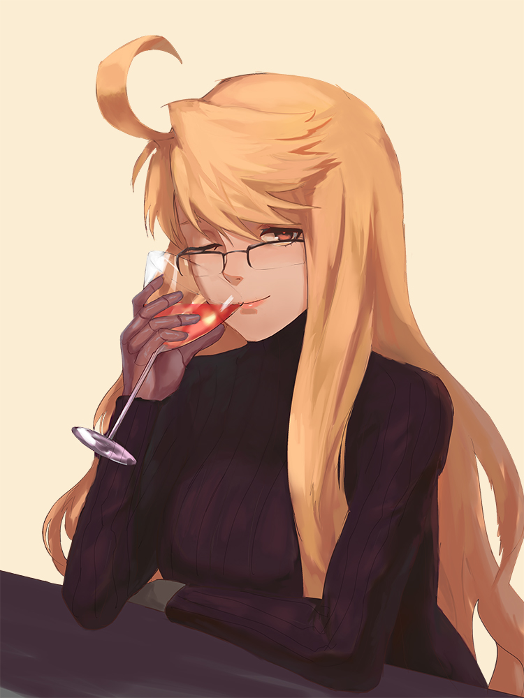 1girl, ahoge, alcohol, alma_(va-11_hall-a), black_clothes, black_sweater, blonde_hair, cocktail, cocktail_glass, cup, drink, drinking, drinking_glass, glasses, long_hair, looking_at_viewer, mechanical_hand, quentin_lecuiller, ribbed_sweater, sweater, va-11_hall-a, wine, wine_glass