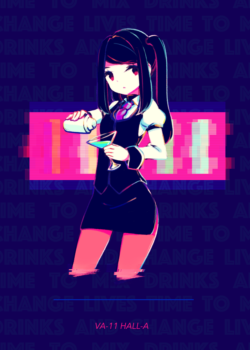 1girl, bangs, bartender, black_hair, cocktail, cocktail_glass, cropped_legs, cup