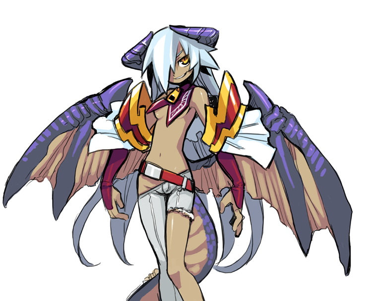 breasts, dark_skin, dragon_girl, dragon_tail, dragon_wings, flat_chest, grin, hair_over_one_eye, horns, jeans, long_hair, monster_girl, original, shigehiro, shigehiro_(artist), sideboob, silver_hair, smile, tail, torn_clothes, under_boob, underboob, very_long_hair, wings