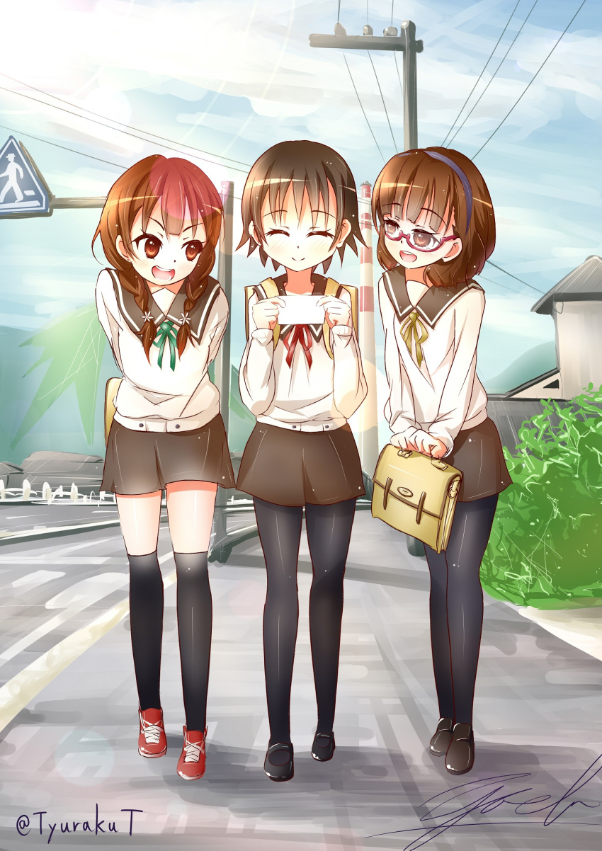 3girls, artist_name, bag, black_legwear, bow, braid, brown_eyes, brown_hair