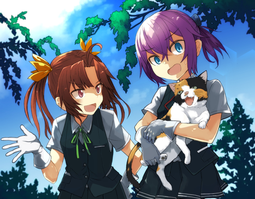 2girls, :3, :d, ahoge, animal, animal_ears, blouse, blue_eyes