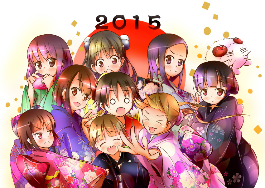 >:(, >:), >_<, 1boy, 2015, 6+girls, :3, absurdres
