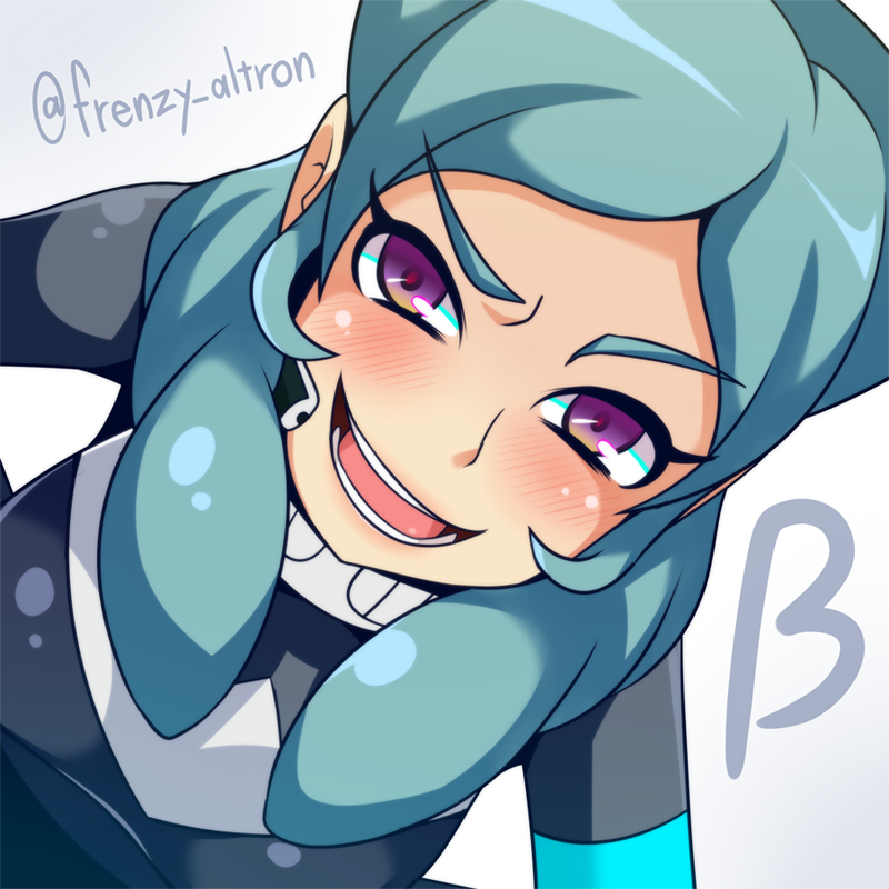 1girl, aqua_hair, armband, artist_name, beta_(inazuma_eleven), blush, breasts, character_name