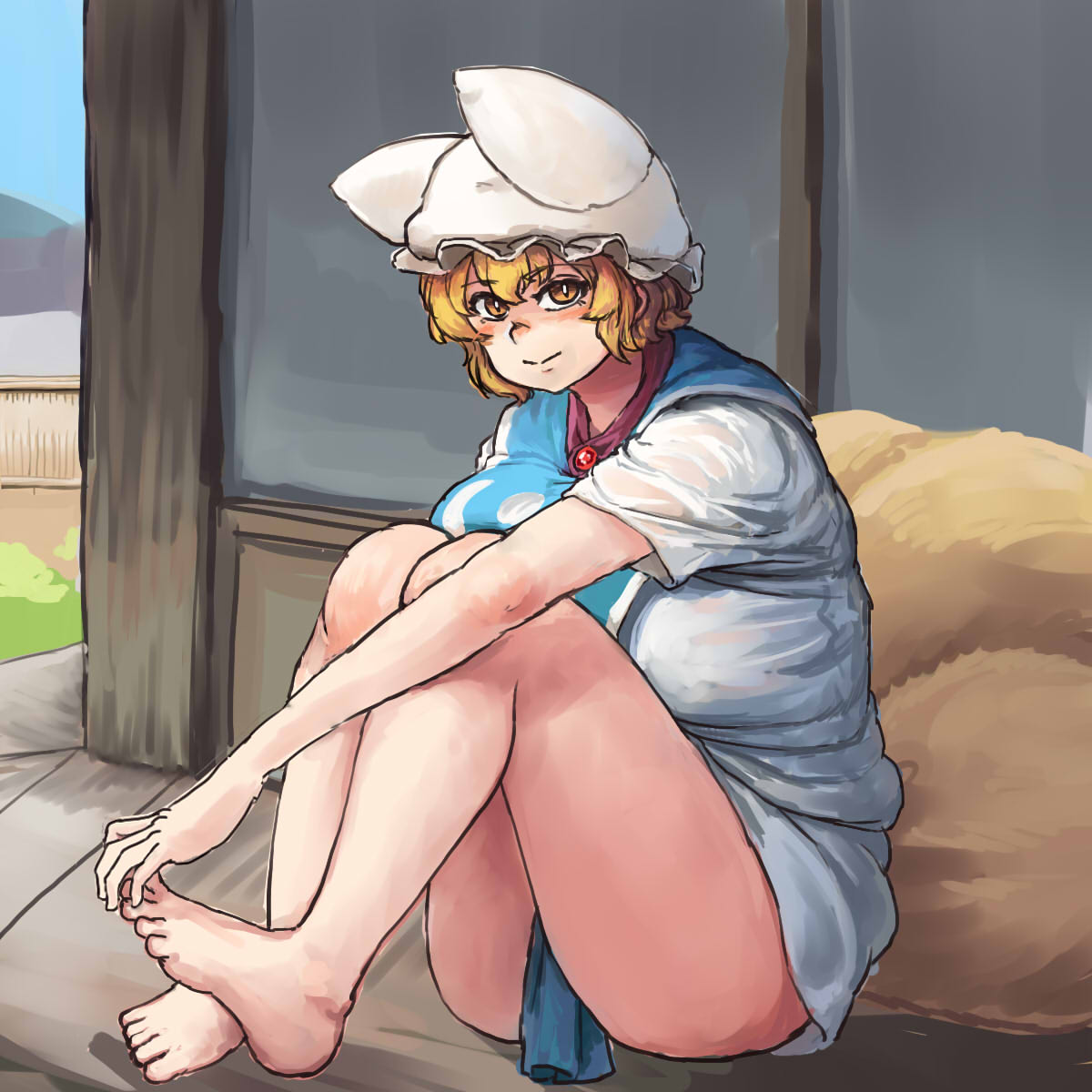 1girl, adapted_costume, ass, bangs, barefoot, blonde_hair, blue_sky, blush