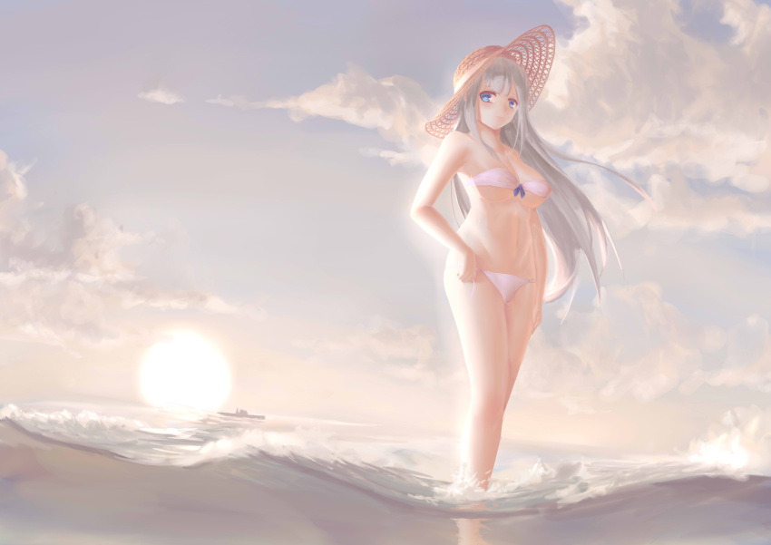 1girl, absurdres, bikini, blue_eyes, breasts, cleavage, grey_hair, highres