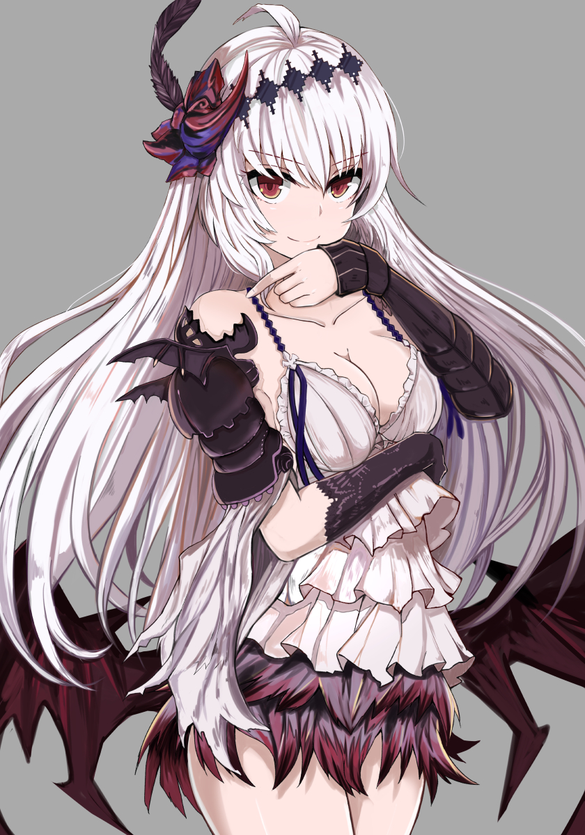 >:), 1girl, ahoge, bare_shoulders, bat_wings, black_gloves, breast_hold, breasts