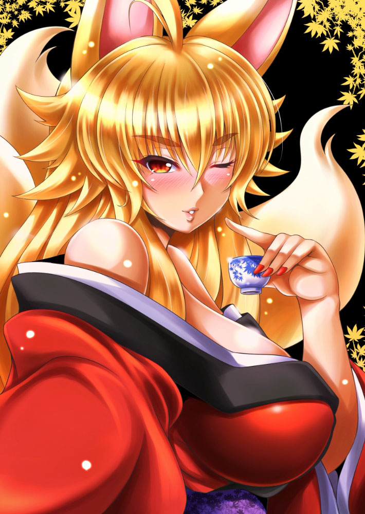 1girl, ;), ahoge, alcohol, animal_ears, bare_shoulders, black_background, blonde_hair