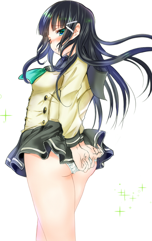1girl, arms_behind_back, ass, black_hair, black_skirt, blush, embarrassed, green_eyes