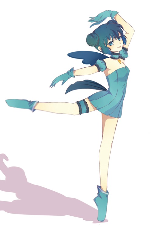 00s, 1girl, aizawa_mint, arm_up, ballerina, ballet, bare_shoulders, bird_wings, blue_eyes, blue_hair, blush, breasts, choker, double_bun, dress, gloves, hair_bun, looking_at_viewer, magical_girl, mew_mint, misamisa_(misaki-pixi), parted_lips, petite, short_dress, simple_background, sleeveless, sleeveless_dress, small_breasts, smile, solo, tail, thigh_strap, tokyo_mew_mew, white_background, wings